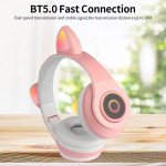 Wholesale Bluetooth Wireless Cute Cat LED Foldable Headphone Headset with Built in Mic for Adults Children Work Home School for Universal Cell Phones, Laptop, Tablet, and More (White)